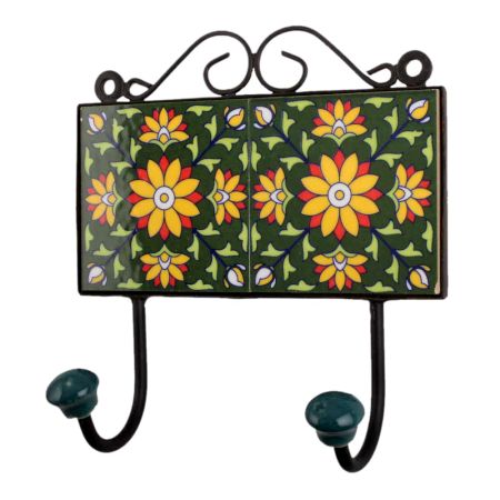 Forest Green Yellow Floral Tiles Hook